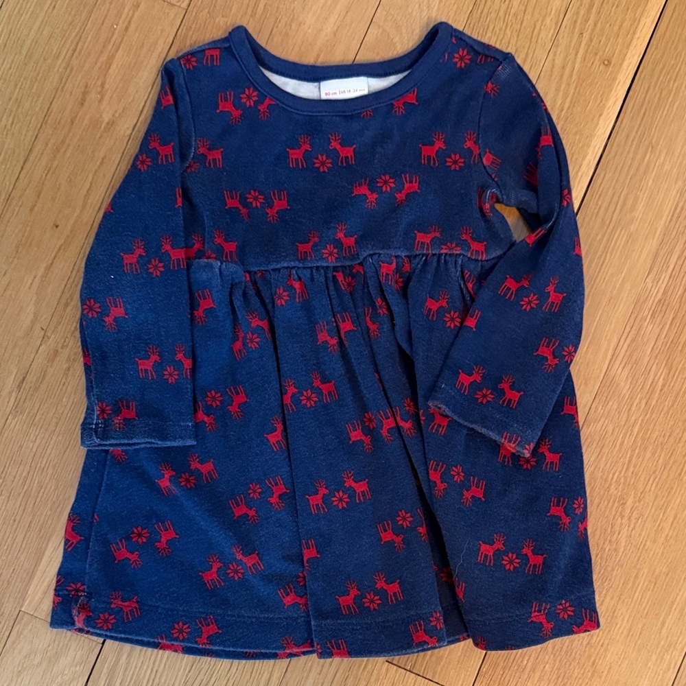 Hanna Andersson Blue Dress with Red Reindeer Print